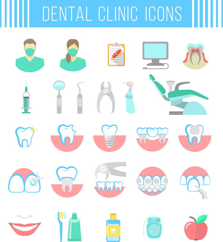 口腔科元素图标 牙科牙齿牙椅工具器械模型 AI格式矢量设计素材