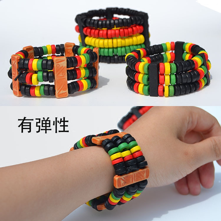 rasta嘻哈hiphop雷鬼街舞牙买加红黄绿手链男手镯朋克个性女木头