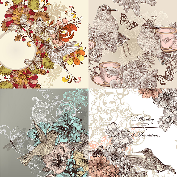 花鸟工笔插画 4款精美复古花鸟图案背景 AI格式矢量设计素材