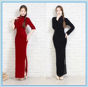 改良旗袍低领秋冬长款金丝绒长袖旗袍旗袍裙复古金丝绒旗袍连衣裙