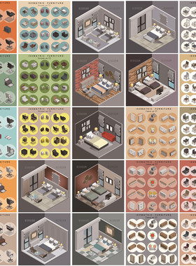 A0180矢量AI设计素材 扁平化Isometric卧室家具椅子床图标icon