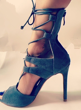 2020夏女鞋凉鞋铁灰色高跟走秀鞋舞台鞋11厘米鱼嘴绑带凉靴个性