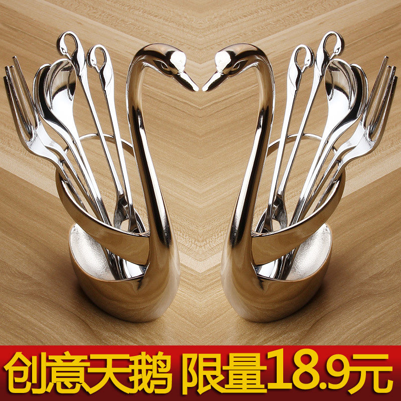 创意天鹅造型果叉座 非不锈钢水果叉 甜品叉咖啡勺收纳座餐具