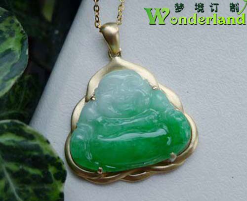 天然A货冰糯种辣绿翠绿色翡翠吊坠项链18K黄金镶玉佛公珠宝女现货