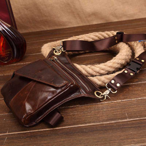 新款男士登山真皮腿包 头层油蜡牛皮腿包 运动牛皮腰包摩托车腿包