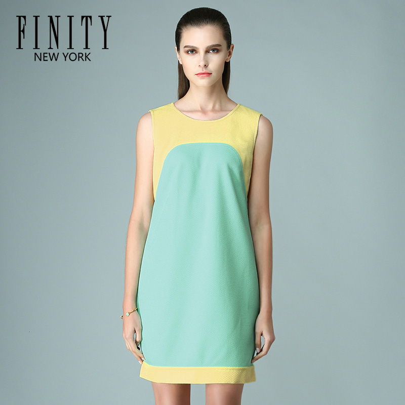 FINITY秋装女士无袖撞色拼接针织连衣裙宽松显瘦A字裙