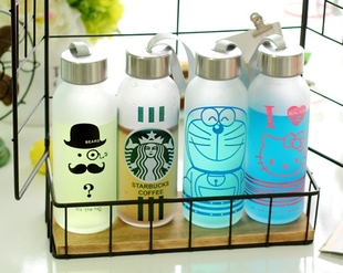 磨砂玻璃杯 卡通创意便携随手水杯 玻璃水杯防漏带盖杯子300ML