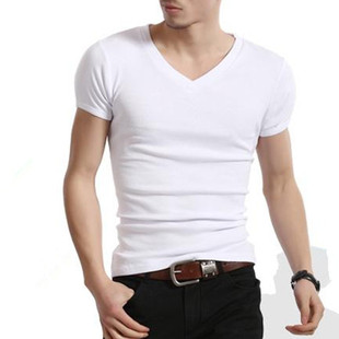 男纯色弹力修身 T恤衫 男士 韩版 运动健身汗衫 纯棉V领短袖 无缝打底衫