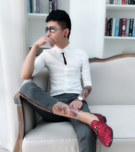夏季新款发型师潮五分袖衬衫男款修身型青年痞帅夜店男生中袖衬衣 - 封面