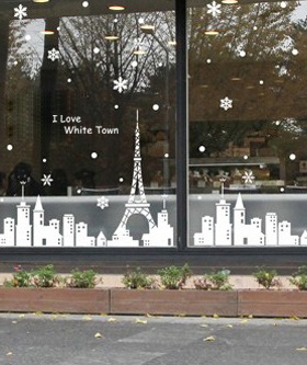 圣诞城市剪影建筑墙贴白色城镇埃菲尔铁塔咖啡店铺橱窗玻璃门贴纸