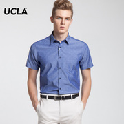 UCLA 2016新款夏季 商务时尚男工作正装 纯棉提花 牛仔薄短袖衬衫
