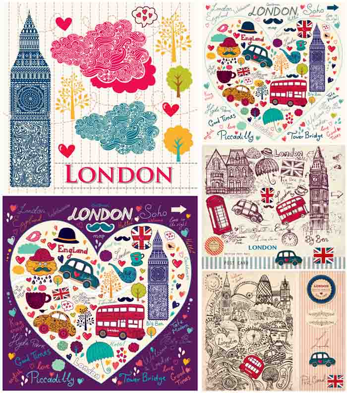 [338]卡通伦敦插画手绘大本钟巴士 AI矢量设计素材