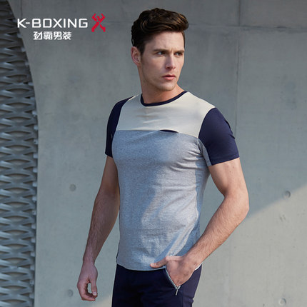 劲霸T恤男短袖 春季男士休闲圆领商务打底衫 潮流百搭拼接上衣