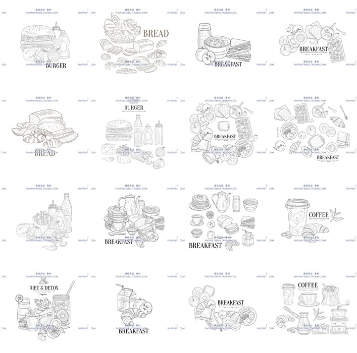 a1574矢量食物简笔画线稿汉堡咖啡面包早餐手绘 ai设计素材