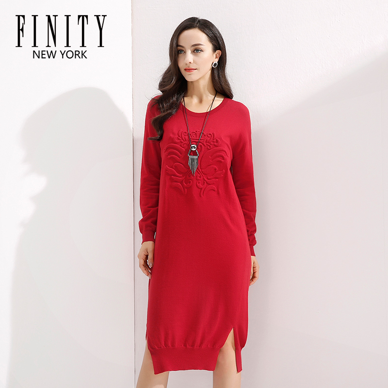 FINITY女装冬装宽松圆领长袖开叉中长裙 羊毛针织连衣裙