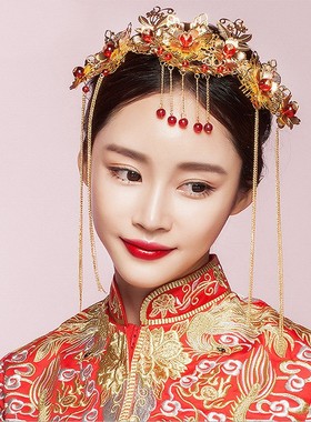 红色古装饰品新娘头饰秀禾服旗袍发饰盘结婚复中式礼服凤冠额包邮