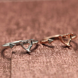 一箭穿心diy戒指空托心形戒托情侣S925银镀18K金男女款镶嵌可调节