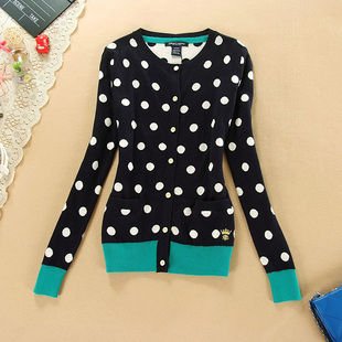 特价 女士春秋纯棉甜美波点双层针织开衫初高中女孩学生毛衣外套