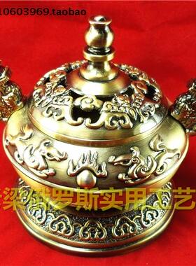Z2特价银锡金属薰香炉小号青古铜色双狮守护二龙戏珠有盖镂空厚重