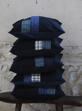 【时舟】手织布蓝染棉布  土布 老粗布靠枕 双面拼布冬季座椅抱枕