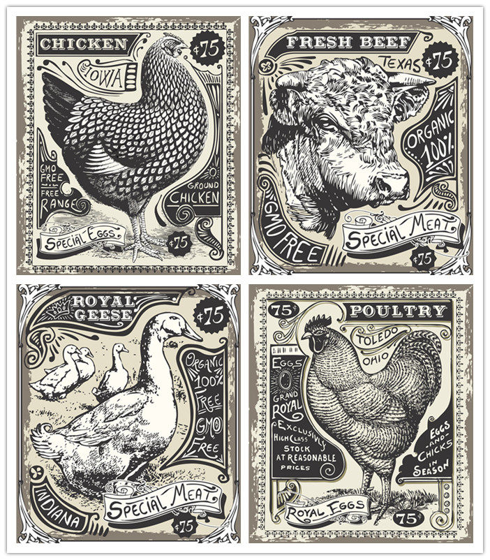 a1328矢量欧美复古动物海报模板羊鹅鸡 ai设计素材