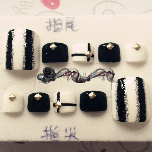 包邮成品手工光疗美甲甲片 黑白配脚趾甲 假指甲定做贴片长短款