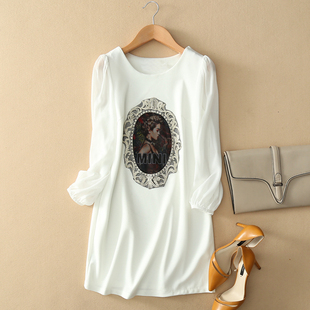 清仓韩版 宽松雪纺七分袖 修身 打底连衣裙女大码 印花上衣 中长款 断码