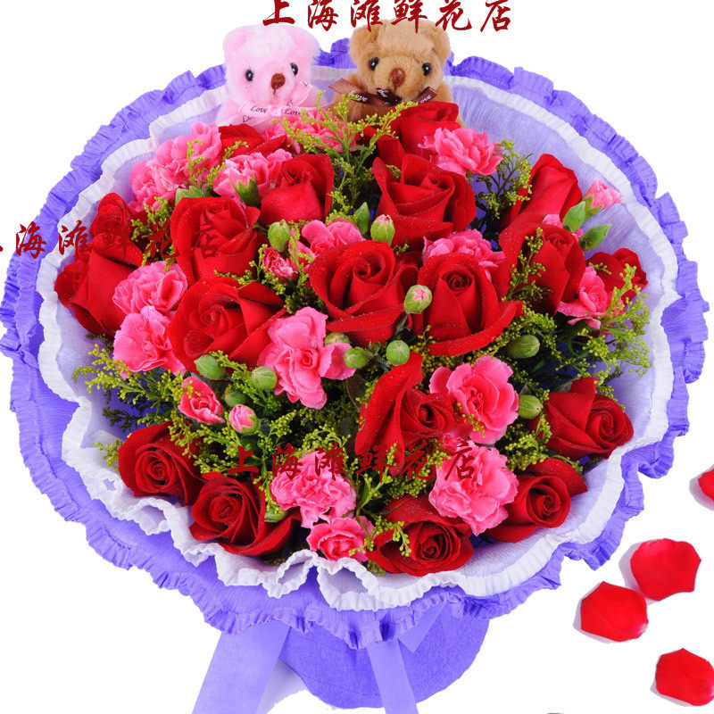 19朵红玫瑰和多头康小熊花束情人节花束上海青浦奉贤宝山鲜花速递