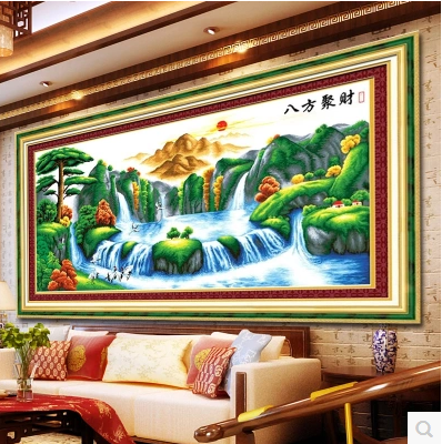 印花十字绣山水画新款客厅风景 八方聚财十字绣聚宝盆2米迎客松