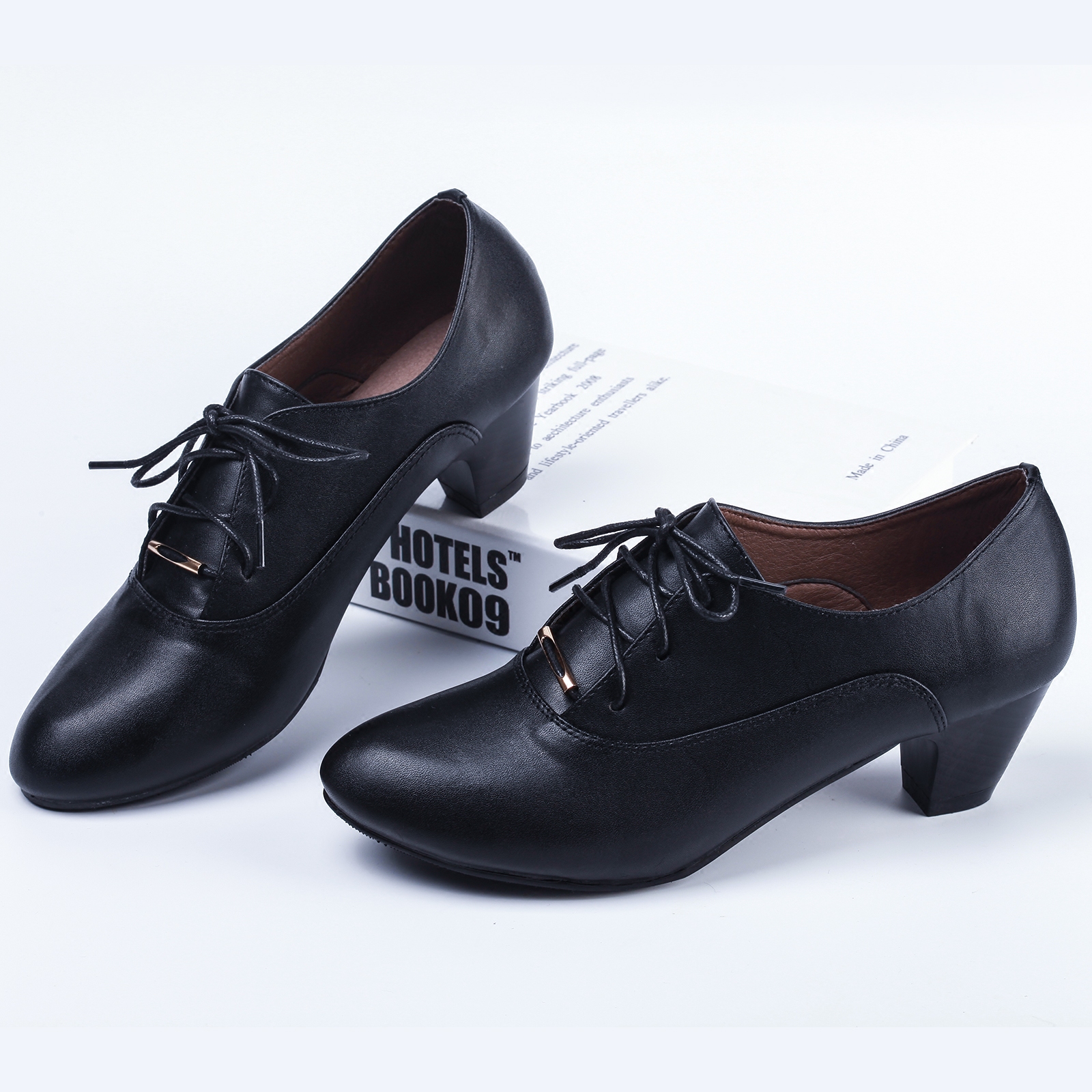 秋冬工作鞋女黑色正装皮鞋深口中跟系带单鞋职业工装通勤面试女鞋