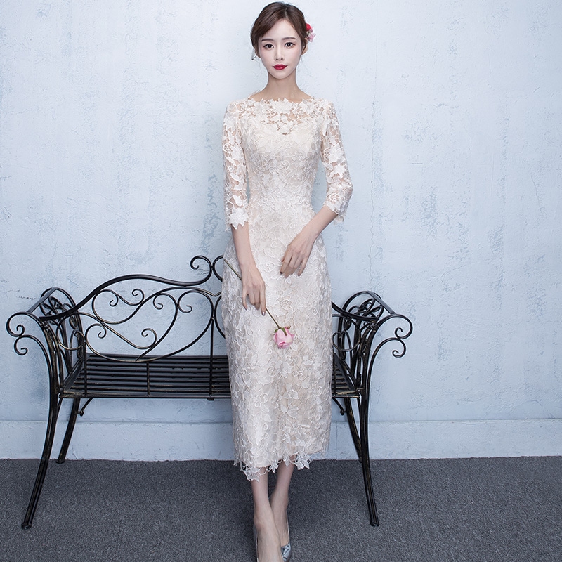 简单大方宴会晚礼服中长款修身显瘦白色蕾丝晚宴旗袍礼服连衣裙女在类目 女装/女士精品, 婚纱/旗袍/礼服, 礼服/晚装中 - 来自Buy2taobao.com提供专业的淘宝代购服务