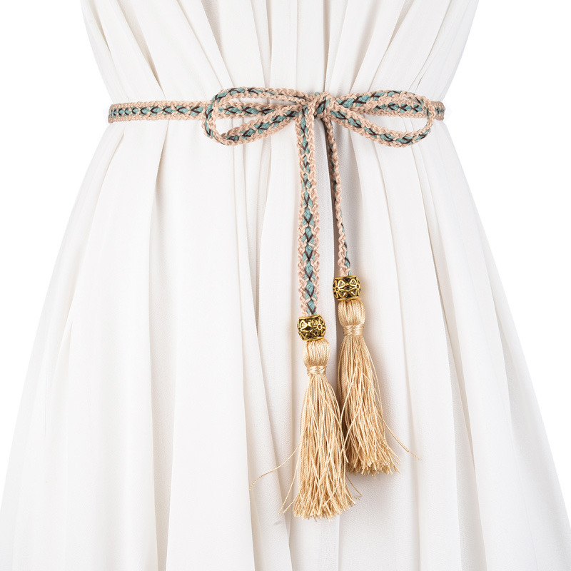 简约文艺范编织细腰链女长款打结腰带女配连衣裙子流苏装饰腰绳子
