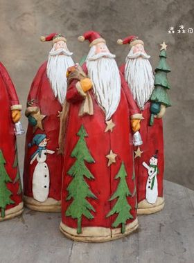 外贸出口样品树脂彩绘仿木雕刻复古美式乡村圣诞老人家居装饰摆件