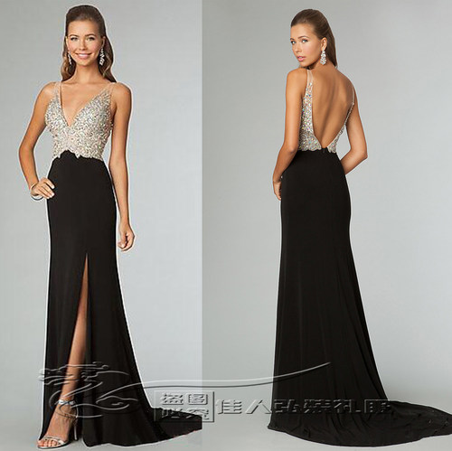 新娘拖尾晚礼服深V领长款镶钻结婚敬酒服成人礼表演礼服