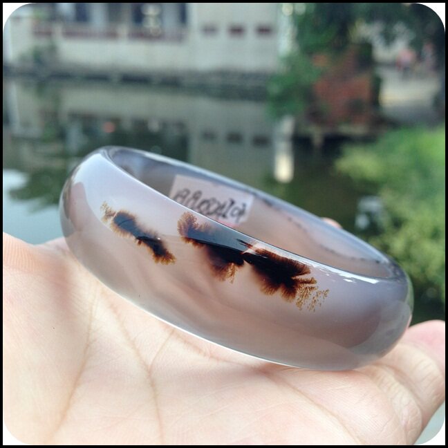 正品天然稀有大棵黑色水草形象鱼型原色灰紫玛瑙手镯/收藏精品122