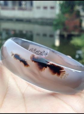 正品天然稀有大棵黑色水草形象鱼型原色灰紫玛瑙手镯/收藏精品122