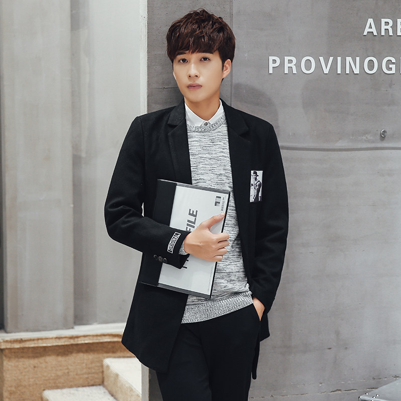 模特图秋款大码男士中长款纯色贴布毛呢大衣F12-P70黑色，男装毛呢大衣，星座1615