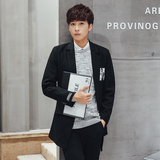 模特图秋款大码男士中长款纯色贴布毛呢大衣F12-P70黑色，男装毛呢大衣，星座1615