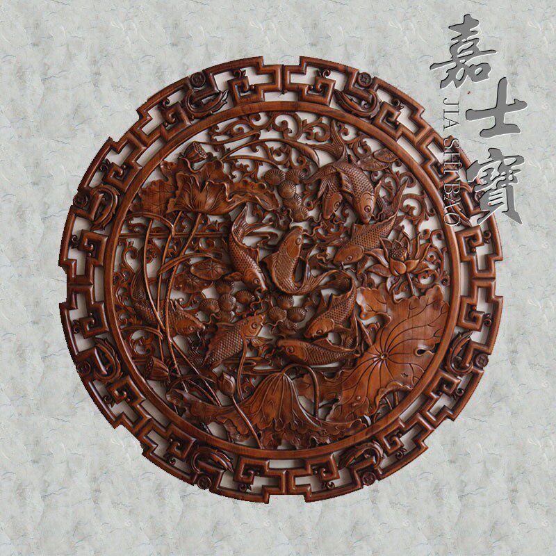 东阳木雕中式装修背景挂饰壁饰圆形九鱼精雕100实木香樟木挂件90