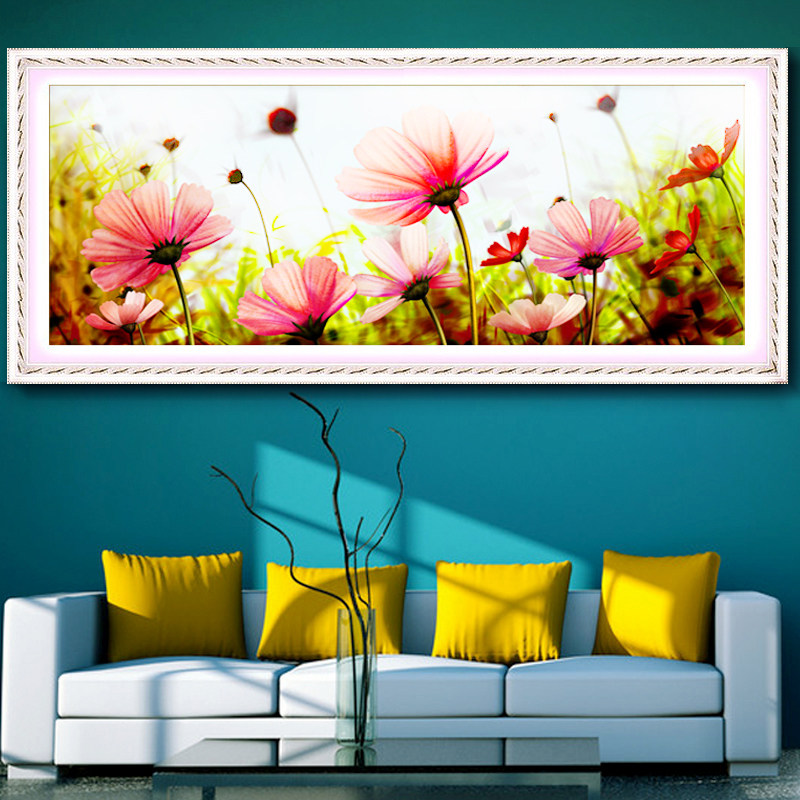 印花十字绣浪漫粉花大幅花卉格桑花客厅十字绣新款田园风景系列