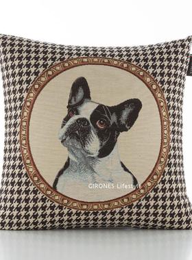 GIRONES HOME 进口提花千鸟格法国斗牛犬复古靠垫抱枕靠包腰靠