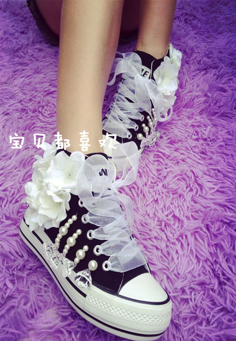 原创高端定制立体花朵内增高帆布鞋女厚底珍珠水晶吊坠帆布鞋特价