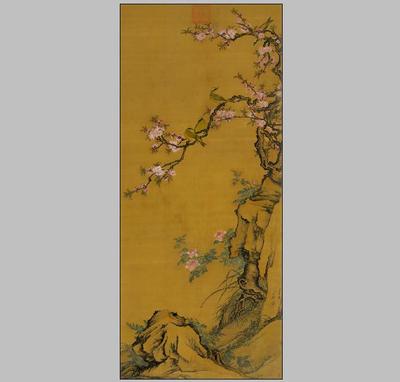 天津博物馆收藏 高其佩-桃花白头图绢本国画名家字画画心高清微喷