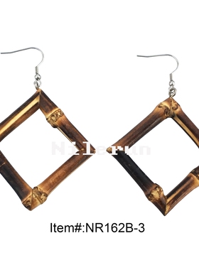 潮流精品黑色竹根鞭耳环 小方形竹制耳环 竹节耳环