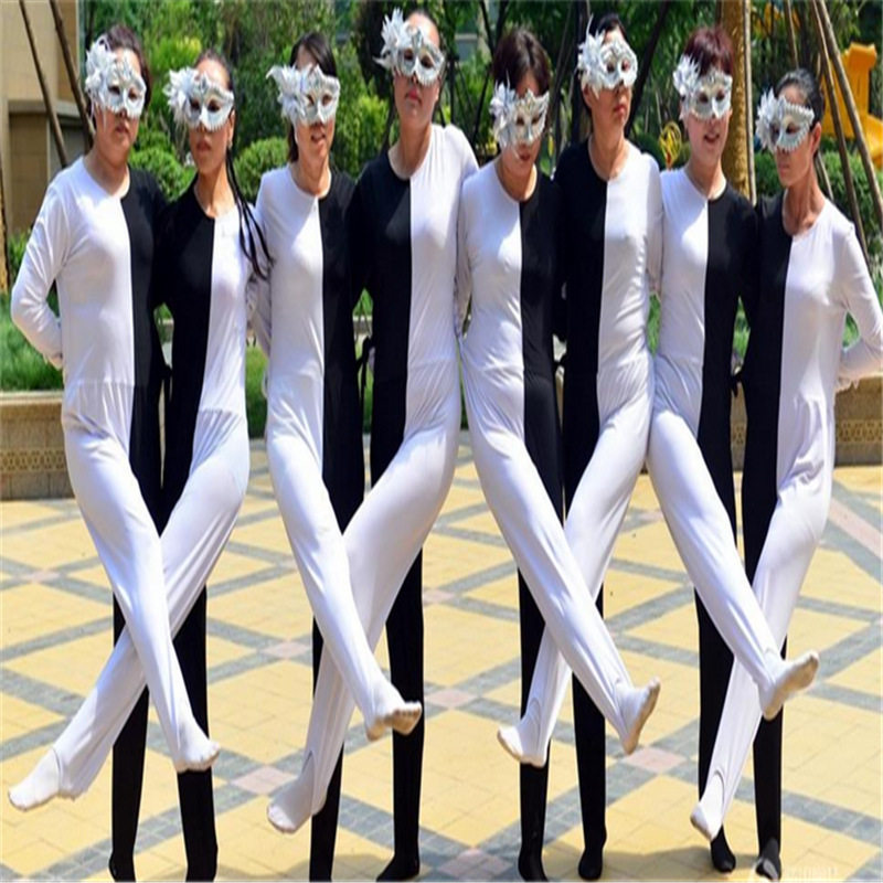 2017包邮黑白腿舞蹈服装错觉广场舞衣服弹力连体衣男女厂家供货