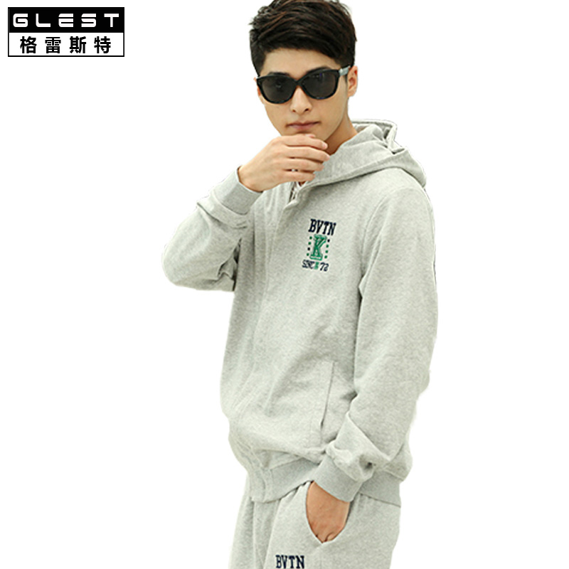 GLEST春秋户外运动卫衣男圆领长袖印花连帽修身开衫休闲外套