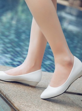 女鞋米色白色鞋婚鞋伴娘低跟坡跟单鞋特大码 44 48 小码鞋 32 XZQ