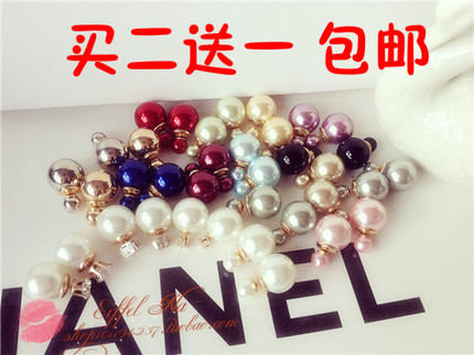 定制 光亮彩色LOGO金色银色锆石钻款大小双面珍珠耳环 气泡耳钉