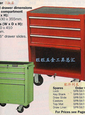 进口英国KENNEDY 3抽屉轮式工具柜 工具车(红色)  KEN-594-5500K