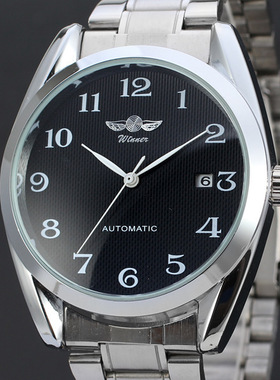WINNER三针自动 简约表盘带日历背透休闲商务机械钢带手表 D166